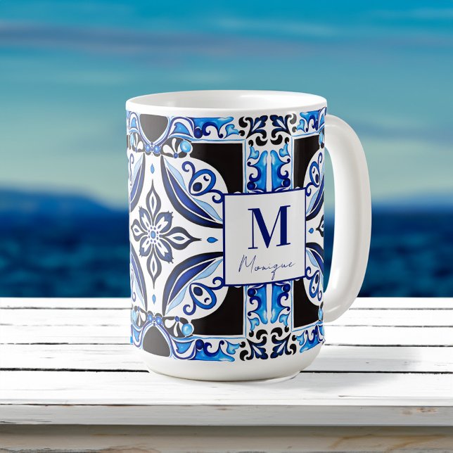 Blue French Tile bridal shower favours monogram Coffee Mug (Blue French Mediterranean Tile bridal shower favors monogram Coffee Mug bridal party gifts )