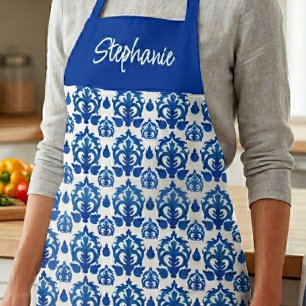 Blue French Tile Pattern Custom Name Apron