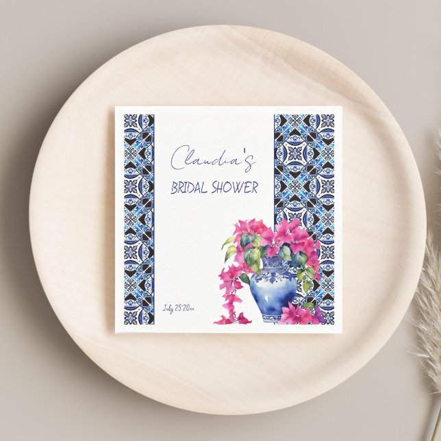 Blue French Tiles Bougainvillea bridal shower Napkin (Blue French Mediterranean Tiles Bougainvillea ceramic vase bridal shower printed Napkins table decor)