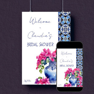 Blue French Tiles Bougainvillea bridal shower Poster