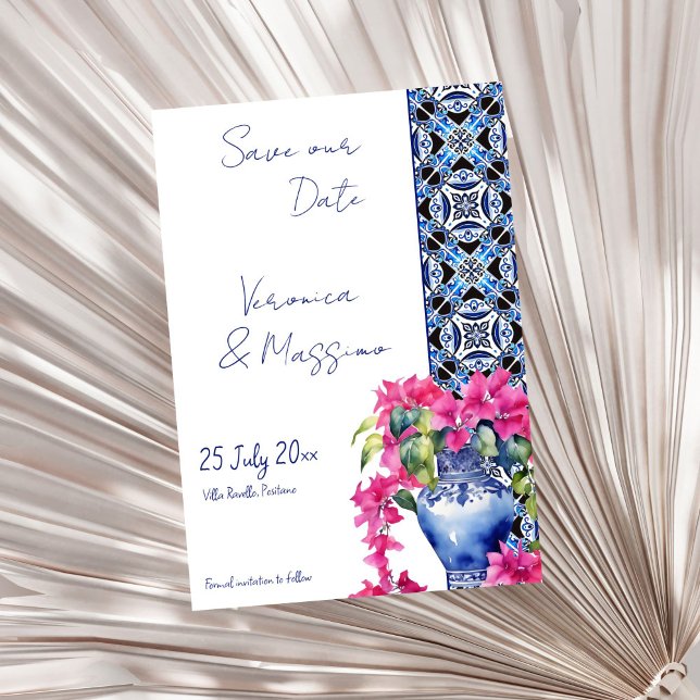 Blue French Tiles Bougainvillea elegant wedding  Save The Date (Blue French Talavera Azulejo Tile Bougainvillea elegant Mediterranean wedding Save The Date template)