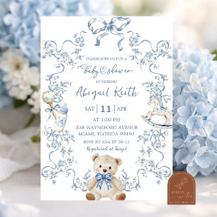  Blue French Toile Baby Shower Boy Invitation
