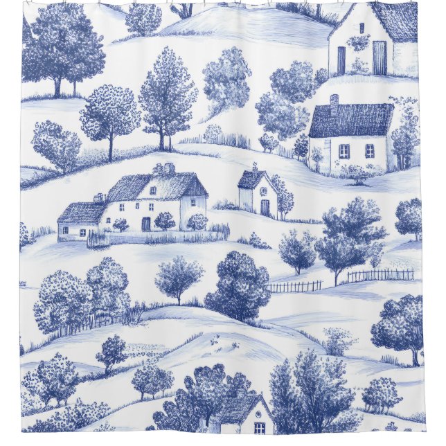Blue French Toile Countryside Pattern Shower Curtain (Front)
