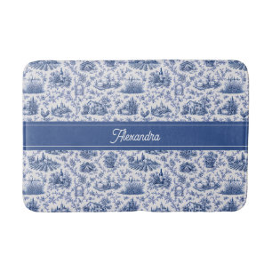 Blue French Toile Countryside Rose Branch Name Bath Mat