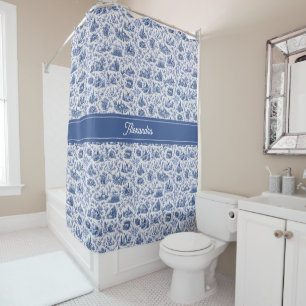 Blue French Toile Countryside Rose Branch Name Shower Curtain