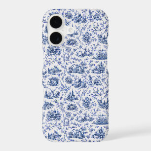 Blue French Toile Countryside Rose Branch Pattern