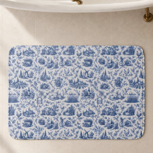 Blue French Toile Countryside Rose Branch Pattern Bath Mat