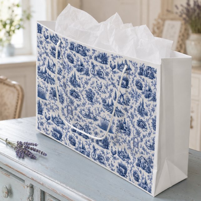 Blue French Toile Countryside Rose Branch Pattern  Large Gift Bag (Creator Uploaded)