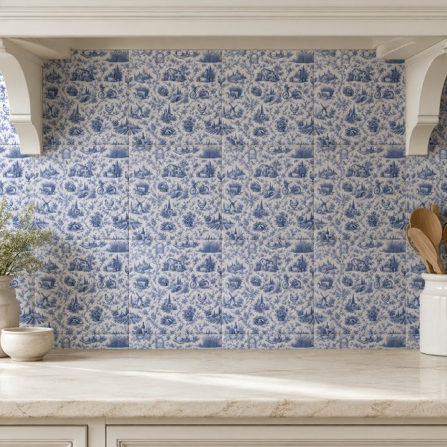 Blue French Toile Countryside Rose Branch Pattern Tile (Creator Uploaded)