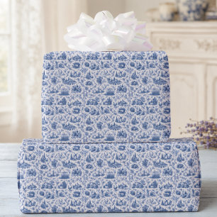Blue French Toile Countryside Rose Branch Pattern Wrapping Paper