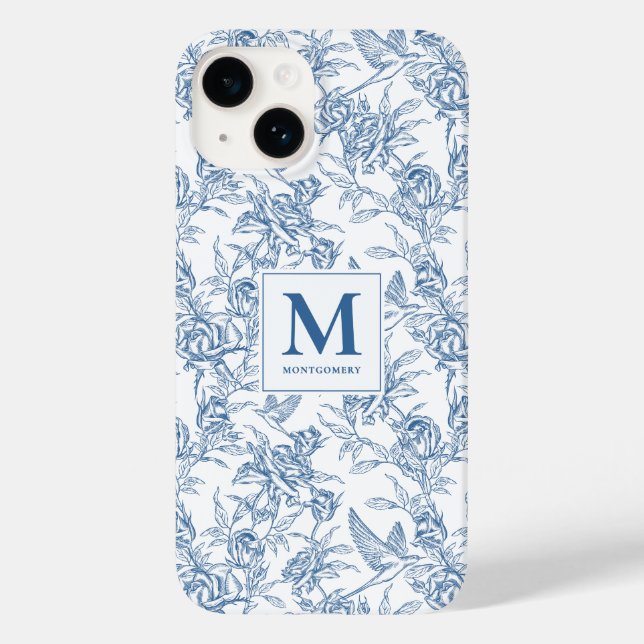 Blue French Toile de Jouy Floral Pattern  Monogram Case-Mate iPhone Case (Back)