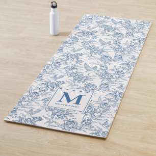 Blue French Toile de Jouy Floral Pattern Monogram Yoga Mat