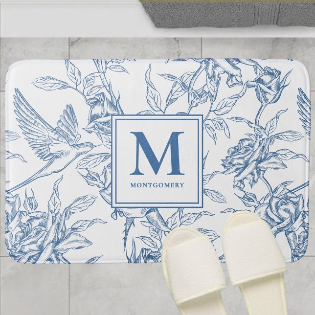 Blue French Toile de Jouy Monogram Name Bath Mat (Creator Uploaded)