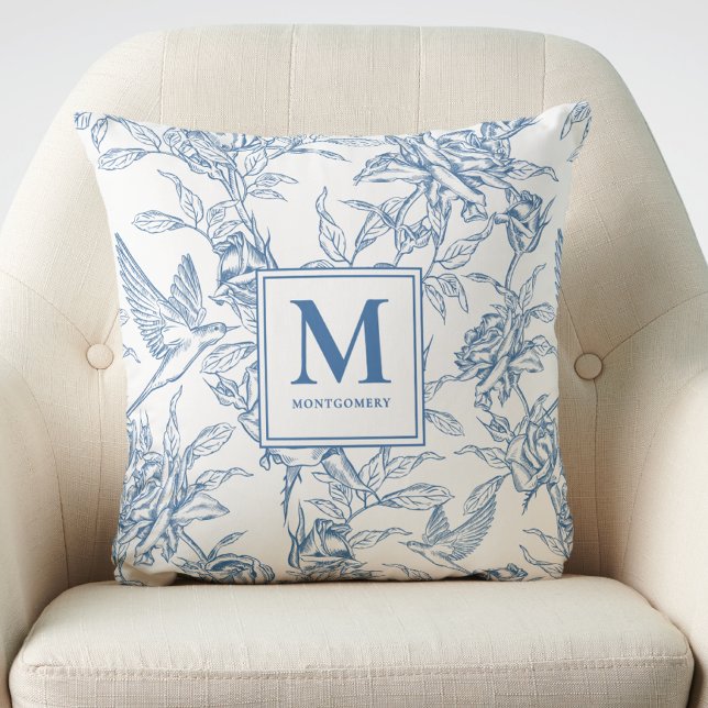 Blue French Toile de Jouy Monogram Name Cushion (Creator Uploaded)