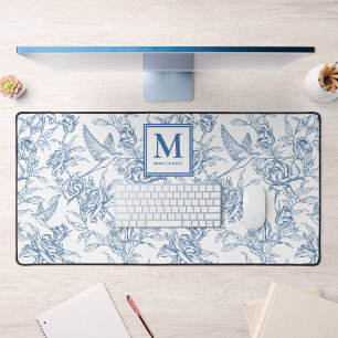 Blue French Toile de Jouy Monogram Name Desk Mat