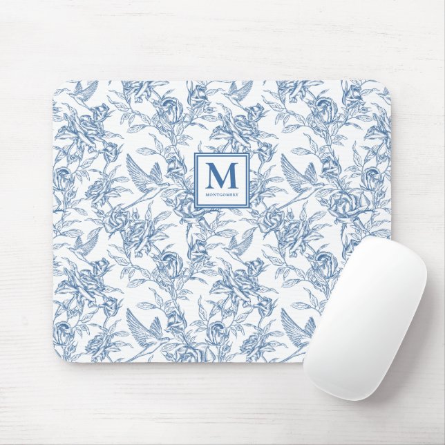 Blue French Toile de Jouy Monogram Name Mouse Mat (With Mouse)
