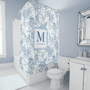 Blue French Toile de Jouy Monogram Shower Curtain