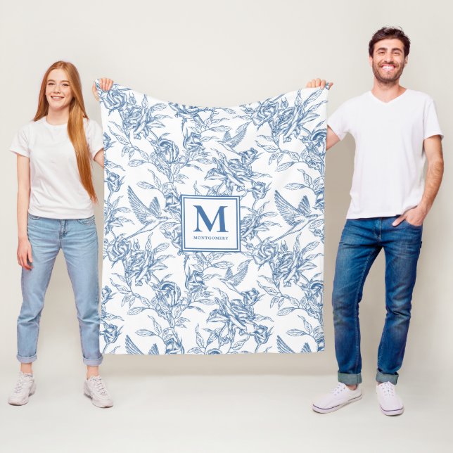 Blue French Toile de Jouy Name Fleece Blanket (In Situ)