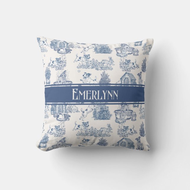 Blue French Toile Dog Monogram Accent Cushion (Front)