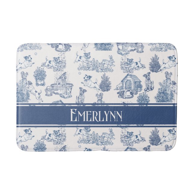 Blue French Toile Dog Monogram Decor Bath Mat (Front)