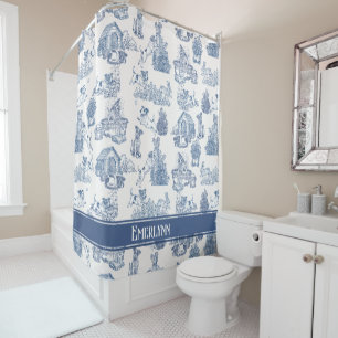 Blue French Toile Dog Monogram Design Shower Curtain