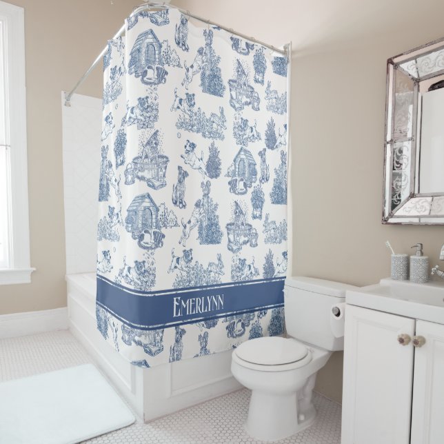 Blue French Toile Dog Monogram Design Shower Curtain (In Situ)