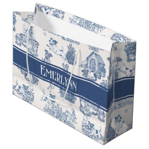 Blue French Toile Dog Monogram Large Gift Bag