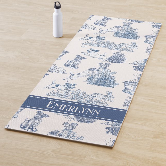 Blue French Toile Dog Monogram Pattern Yoga Mat (In Situ)