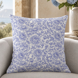 Blue French Toile Floral Pattern Cushion