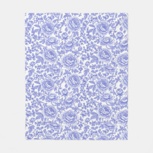 Blue French Toile Floral Pattern Fleece Blanket