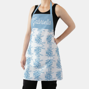 Blue French Toile Floral Pattern Name Apron