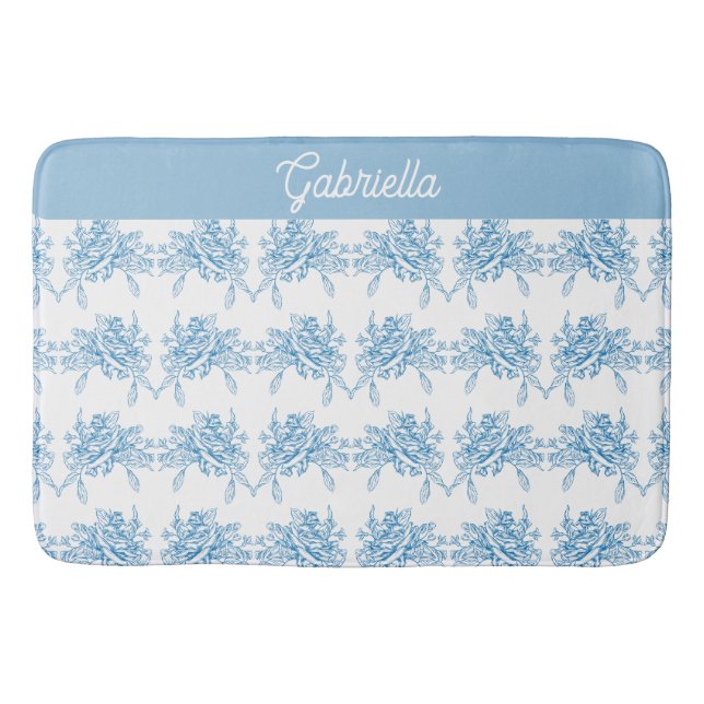 Blue French Toile Floral Pattern Name Bath Mat (Front)