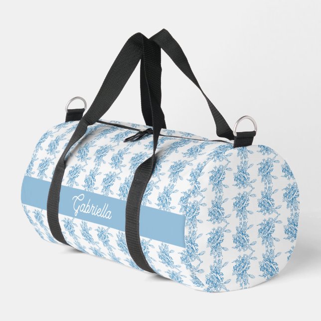 Blue French Toile Floral Pattern Name Duffle Bag (Left Corner)