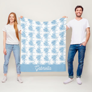 Blue French Toile Floral Pattern Name Fleece Blanket
