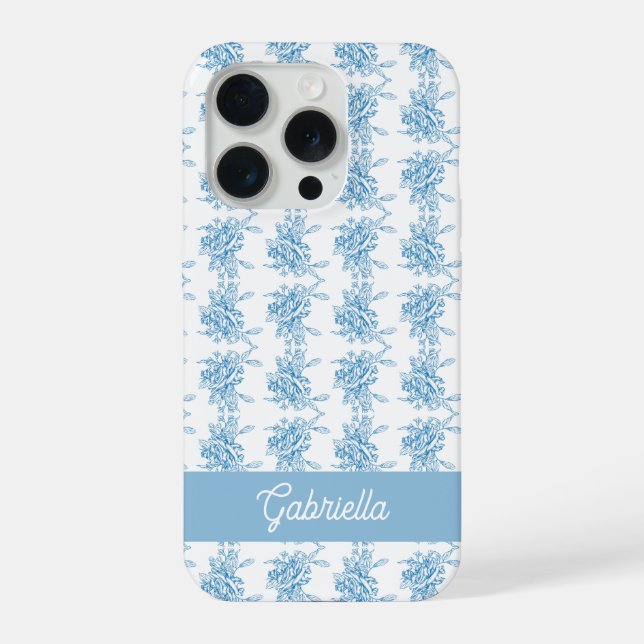 Blue French Toile Floral Pattern Name iPhone Case (Back)