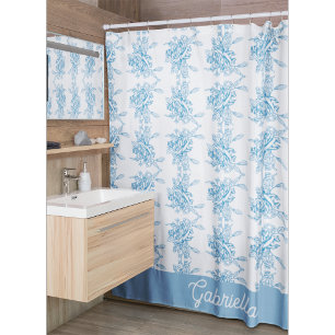Blue French Toile Floral Pattern Name Shower Curtain