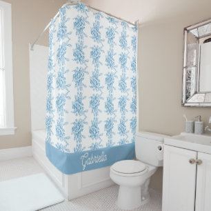 Blue French Toile Floral Pattern Name Shower Curtain