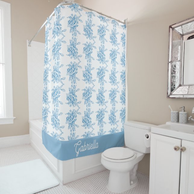 Blue French Toile Floral Pattern Name Shower Curtain (In Situ)