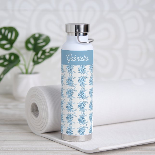 Blue French Toile Floral Pattern Name Water Bottle (Yoga (Rotated))