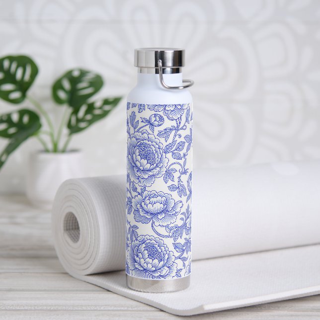 Blue French Toile Floral Pattern Water Bottle (Yoga)
