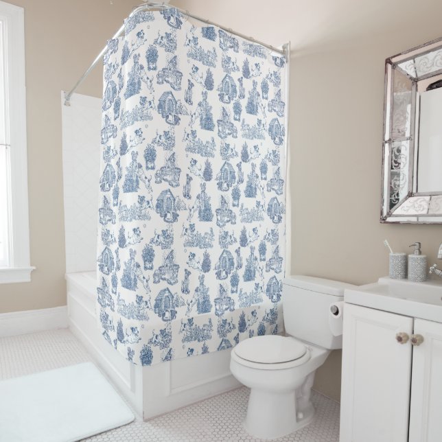 Blue French Toile Jack Russell Decor Shower Curtain (In Situ)