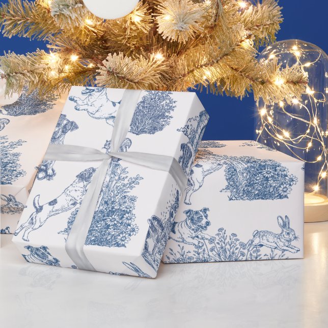Blue French Toile Jack Russell Gift Wrap (Holidays)