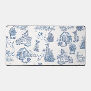 Blue French Toile Jack Russell Workspace Desk Mat