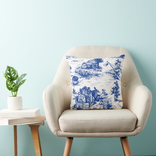 Blue French Toile Lumbar Cushion (Chair)
