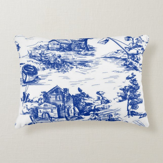 Blue French Toile Lumbar Decorative Cushion (Front)
