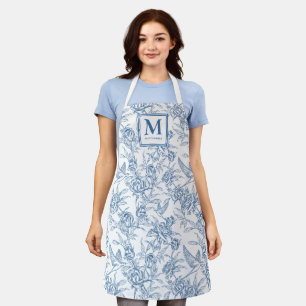 Blue French Toile Monogram Name Apron