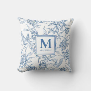 Blue French Toile Monogram Name Cushion
