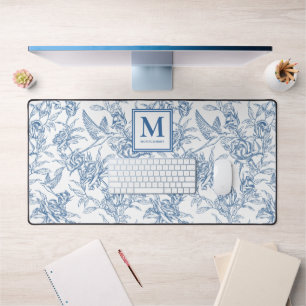 Blue French Toile Monogram Name Desk Mat