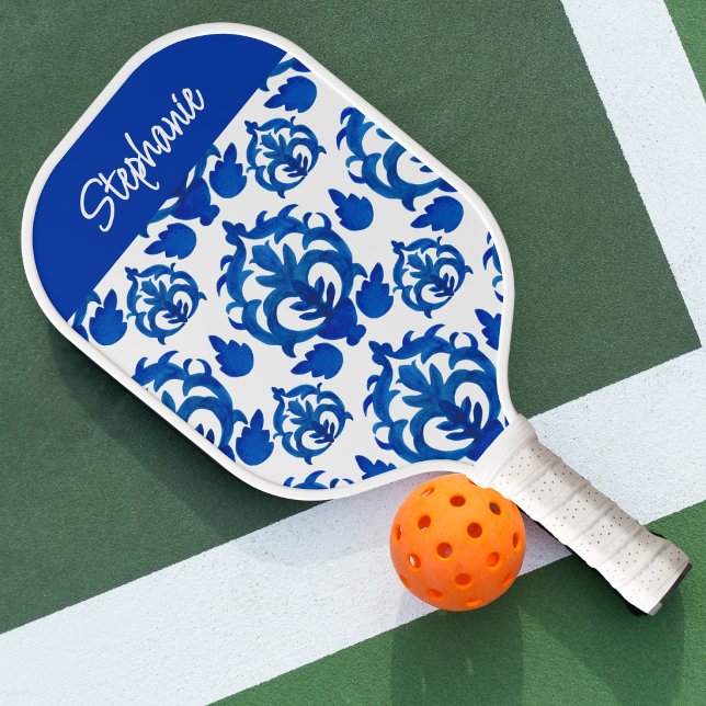 Blue French Toile Pattern Custom Name Pickleball Paddle (Creator Uploaded)