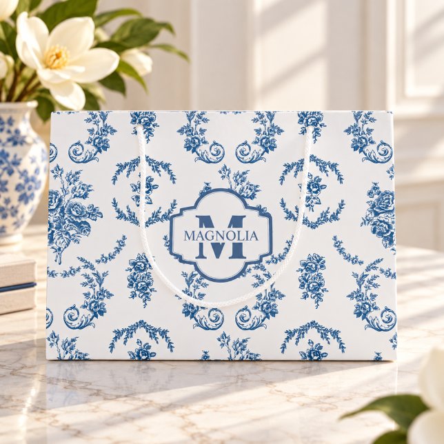 Blue French Toile Pattern Floral Name Monogram Large Gift Bag (Creator Uploaded)